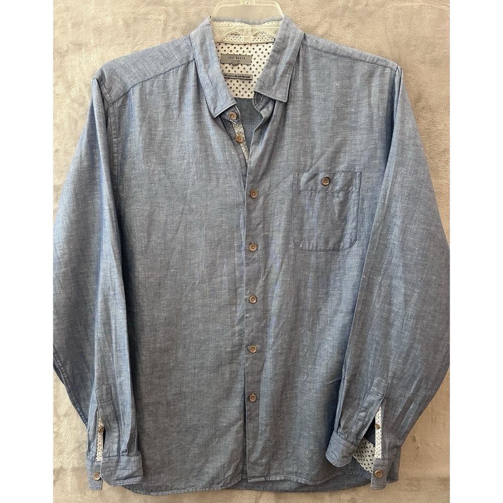 Ted Baker Shirt Mens Size 6 Button Up Shirt Long Sleeve Blue Herringbone 2XL